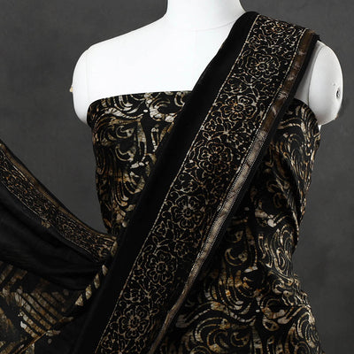 Black - 3pc Hand Batik Printed Chanderi Silk Suit Material Set