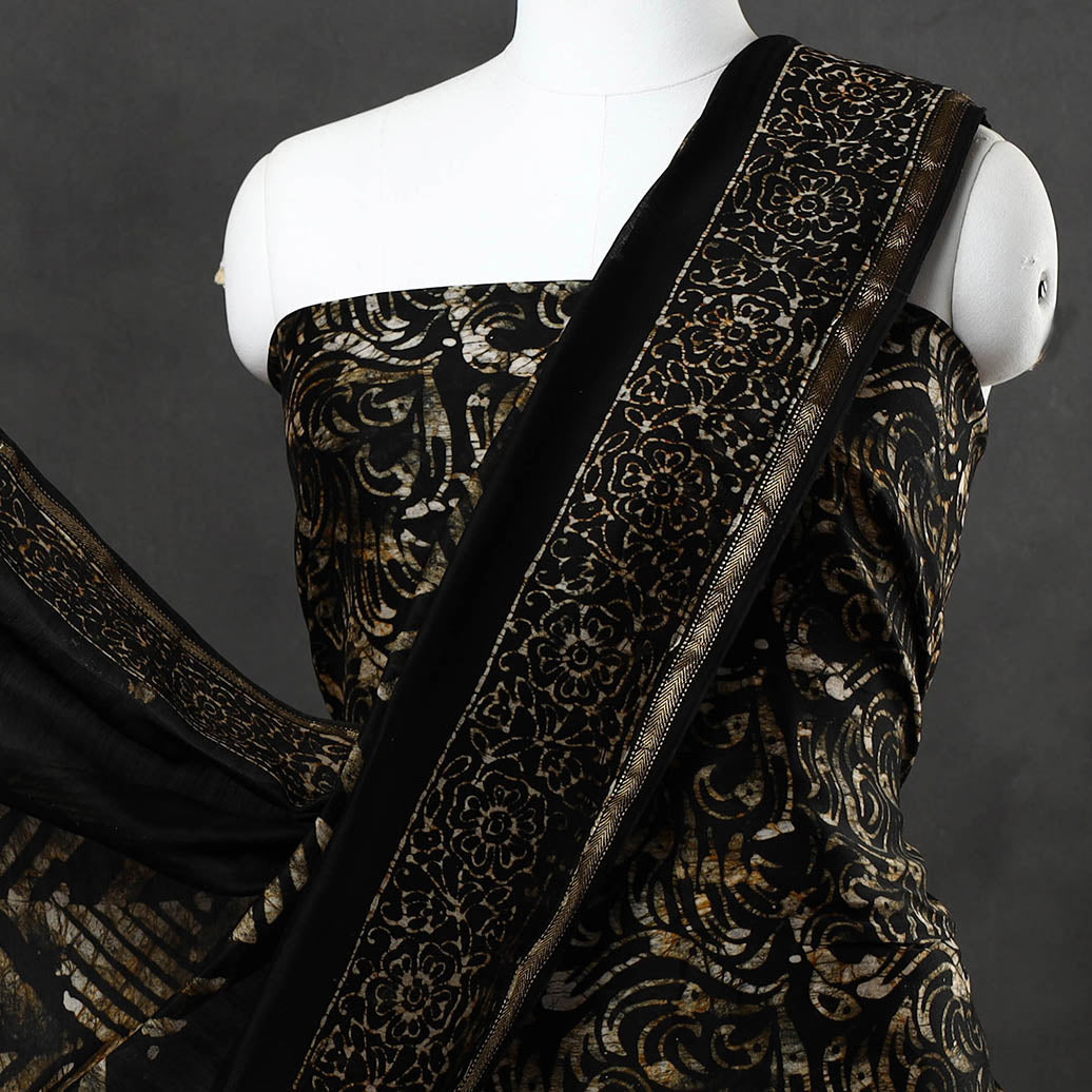Black - 3pc Hand Batik Printed Chanderi Silk Suit Material Set