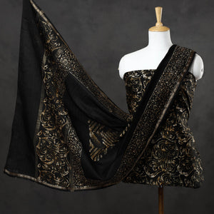 Black - 3pc Hand Batik Printed Chanderi Silk Suit Material Set