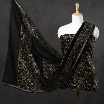 Black - 3pc Hand Batik Printed Chanderi Silk Suit Material Set