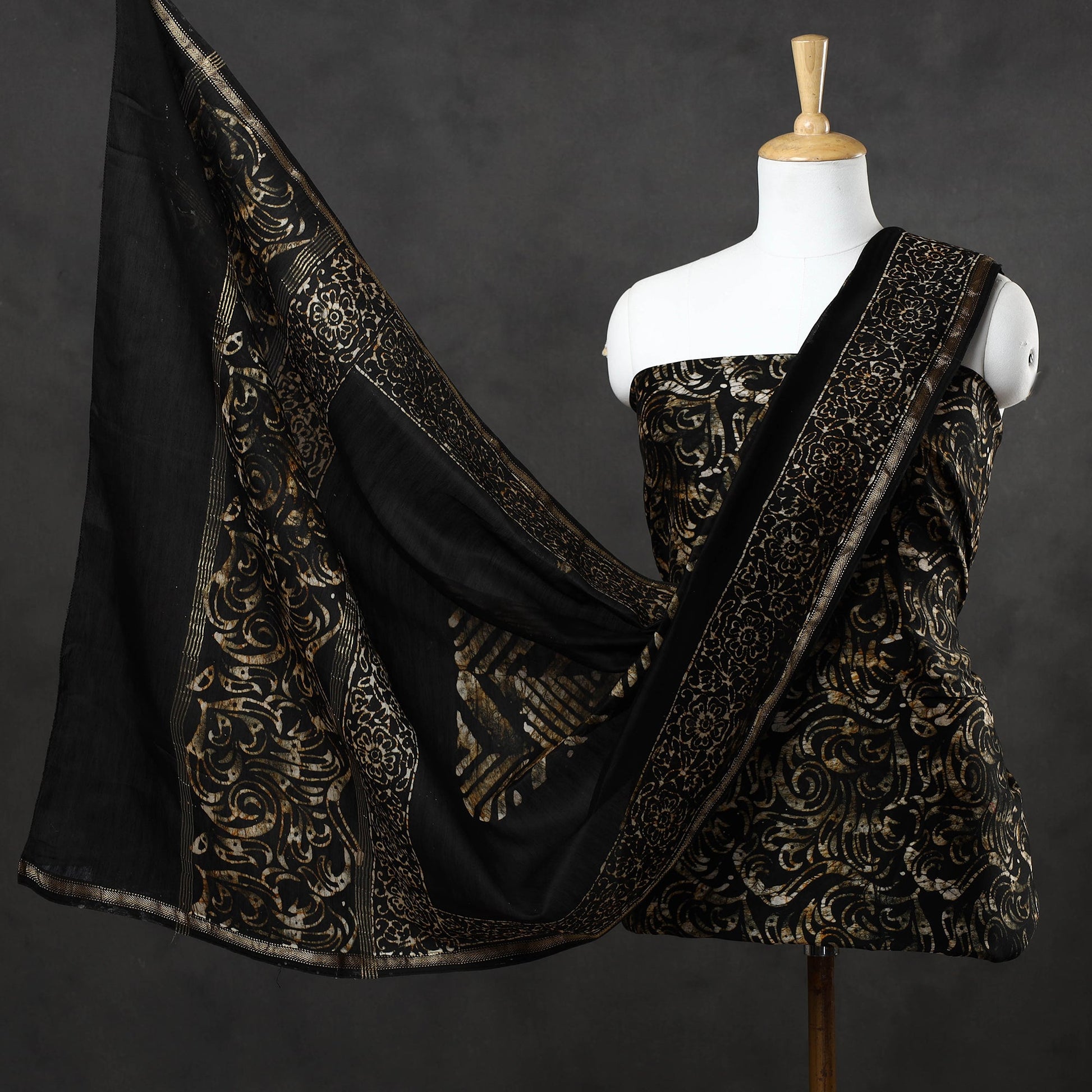 Black - 3pc Hand Batik Printed Chanderi Silk Suit Material Set