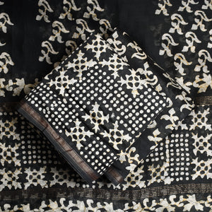 Black - 3pc Chanderi Silk Hand Batik Print Dress Material