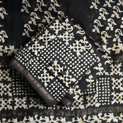 Black - 3pc Chanderi Silk Hand Batik Print Dress Material