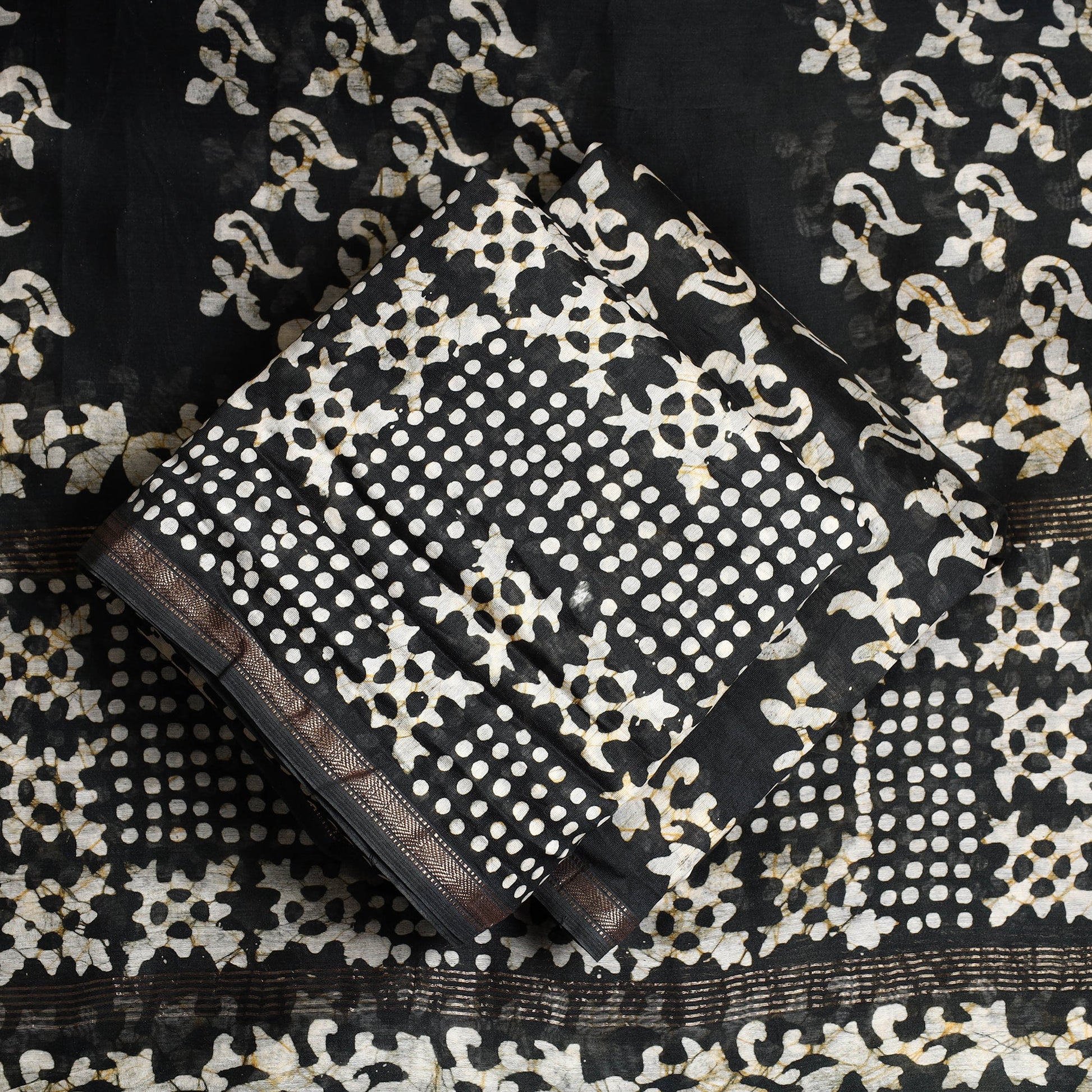 Black - 3pc Chanderi Silk Hand Batik Print Dress Material