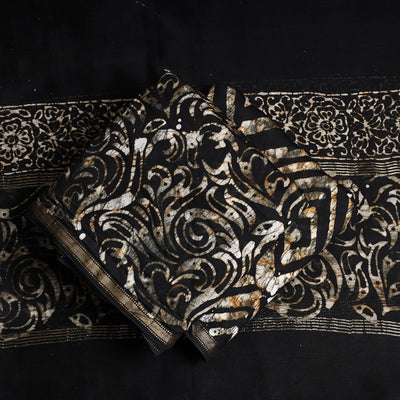 Black - 3pc Hand Batik Printed Chanderi Silk Suit Material Set