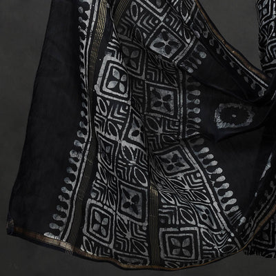 Black - 3pc Hand Batik Printed Chanderi Silk Suit Material Set