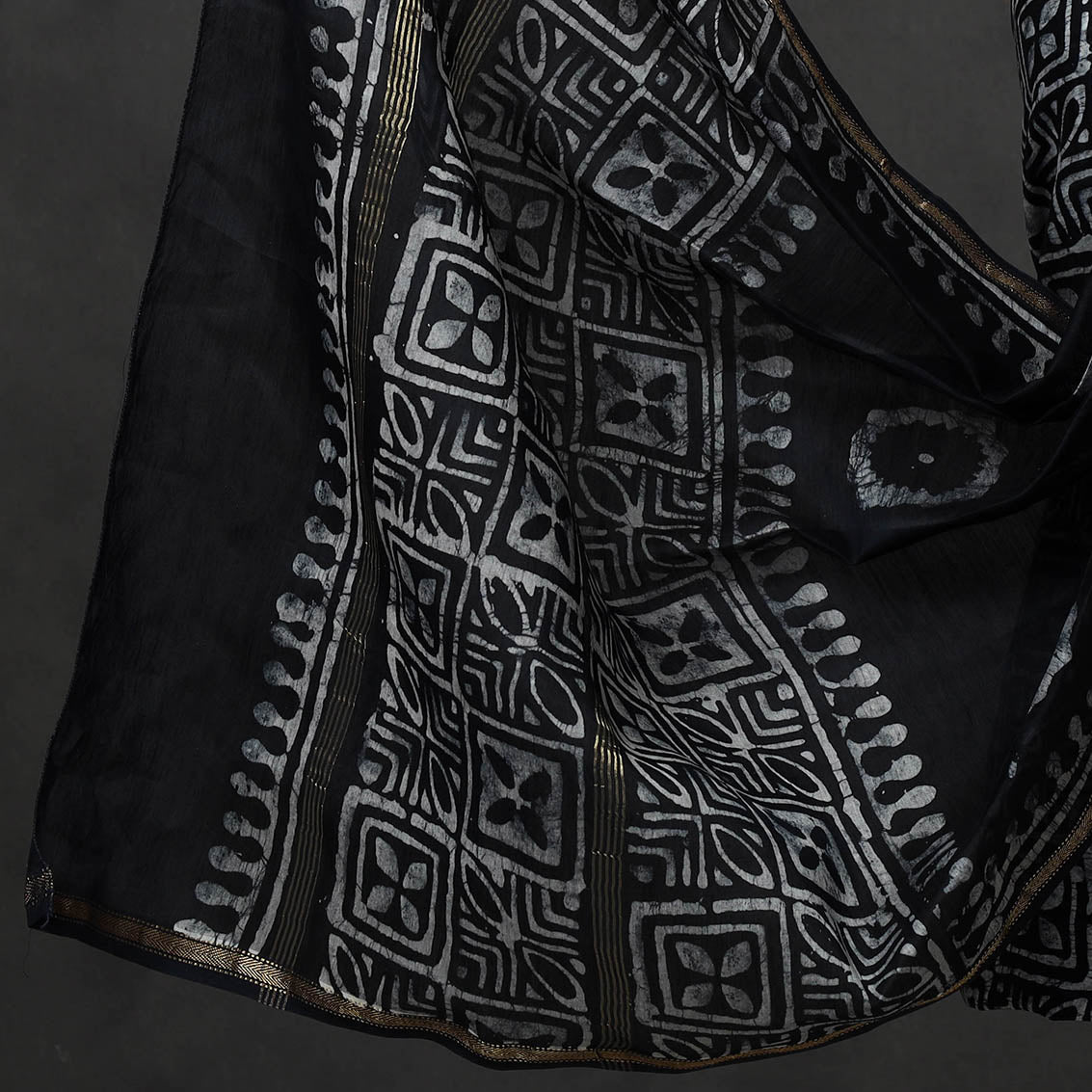 Black - 3pc Hand Batik Printed Chanderi Silk Suit Material Set