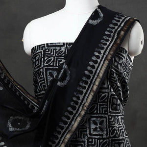 Black - 3pc Hand Batik Printed Chanderi Silk Suit Material Set
