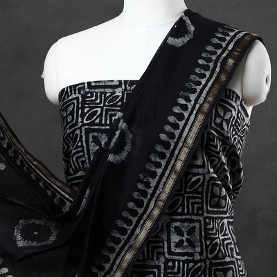 Black - 3pc Hand Batik Printed Chanderi Silk Suit Material Set