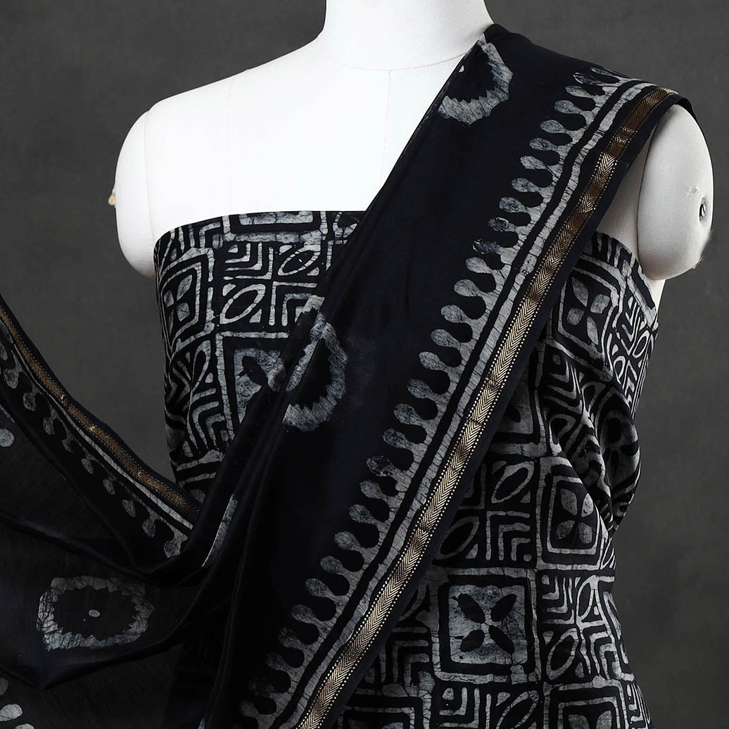 Black - 3pc Hand Batik Printed Chanderi Silk Suit Material Set