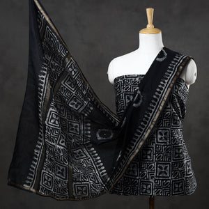 Black - 3pc Hand Batik Printed Chanderi Silk Suit Material Set