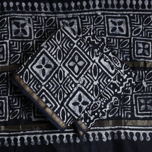 Black - 3pc Hand Batik Printed Chanderi Silk Suit Material Set