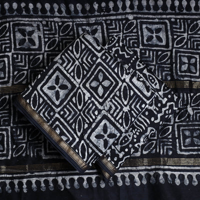 Black - 3pc Hand Batik Printed Chanderi Silk Suit Material Set
