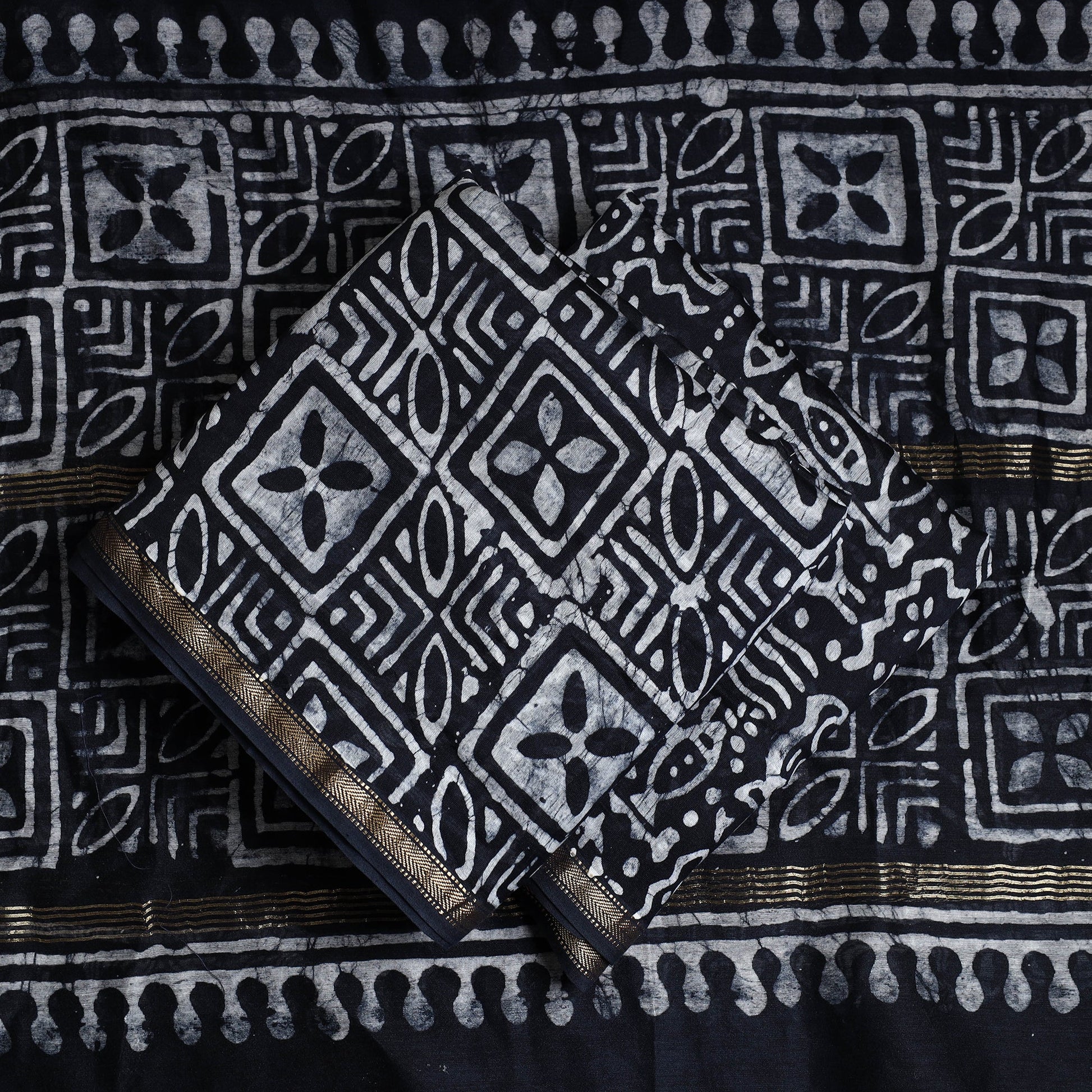 Black - 3pc Hand Batik Printed Chanderi Silk Suit Material Set