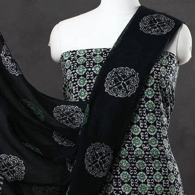 Black - 3pc Cotton Kutch Batik Print Dress Material