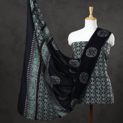 Black - 3pc Cotton Kutch Batik Print Dress Material