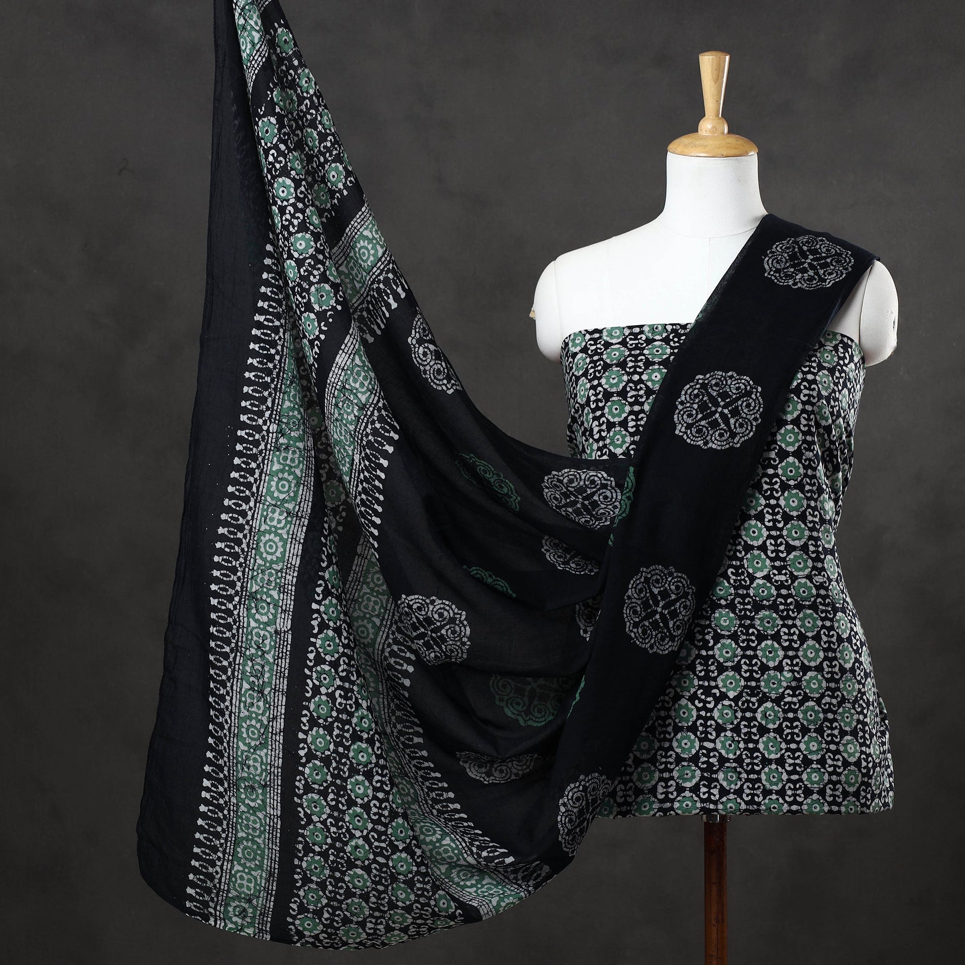 Black - 3pc Cotton Kutch Batik Print Dress Material