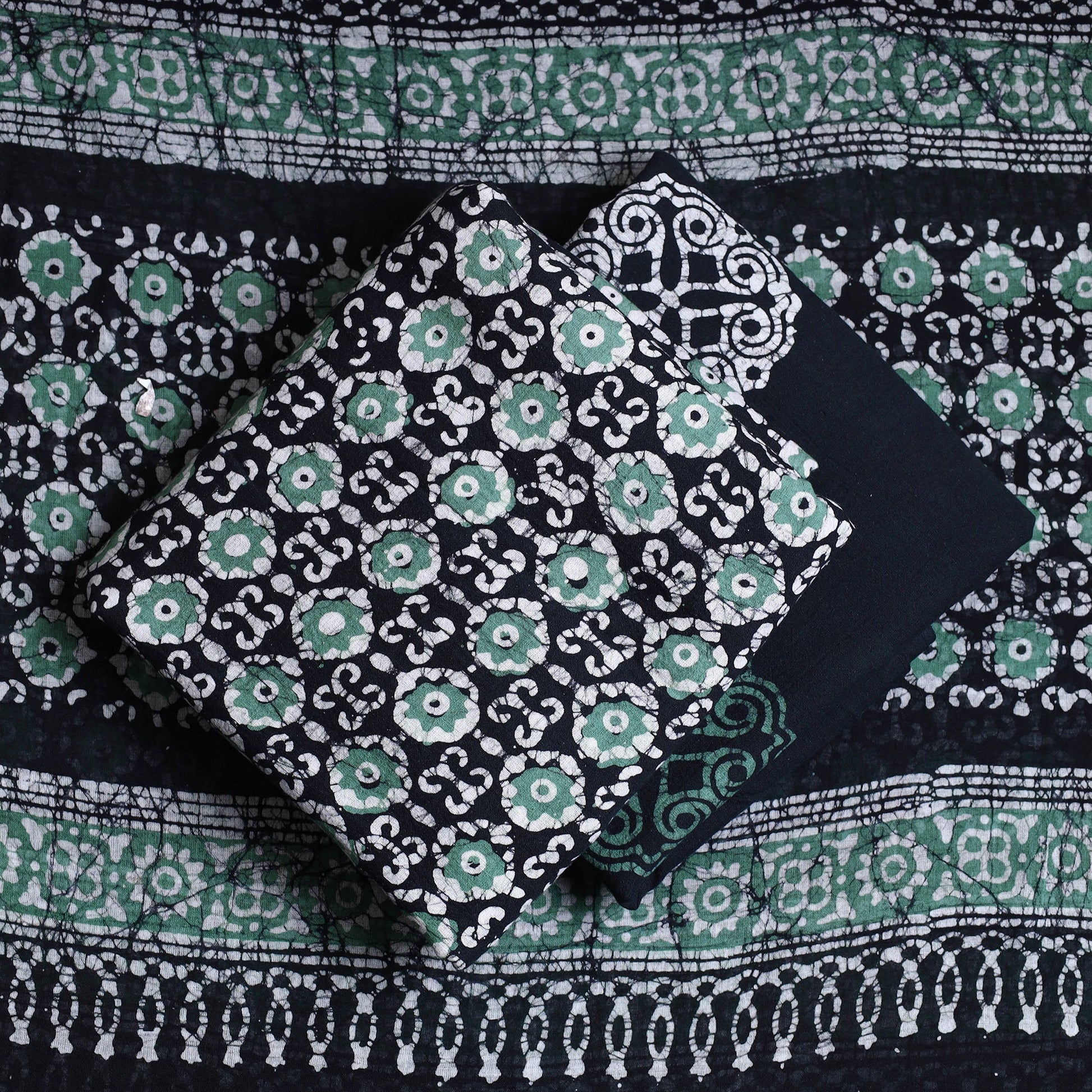 Black - 3pc Cotton Kutch Batik Print Dress Material