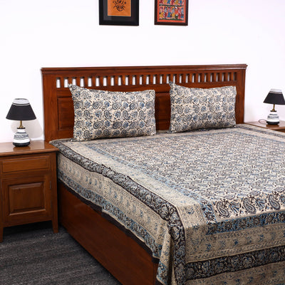 Beige - Kalamkari Block Printed Cotton Double Bed Cover with Pillow Covers (108 x 90 in)