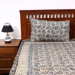 Beige - Kalamkari Block Printed Cotton Double Bed Cover with Pillow Covers (108 x 90 in)