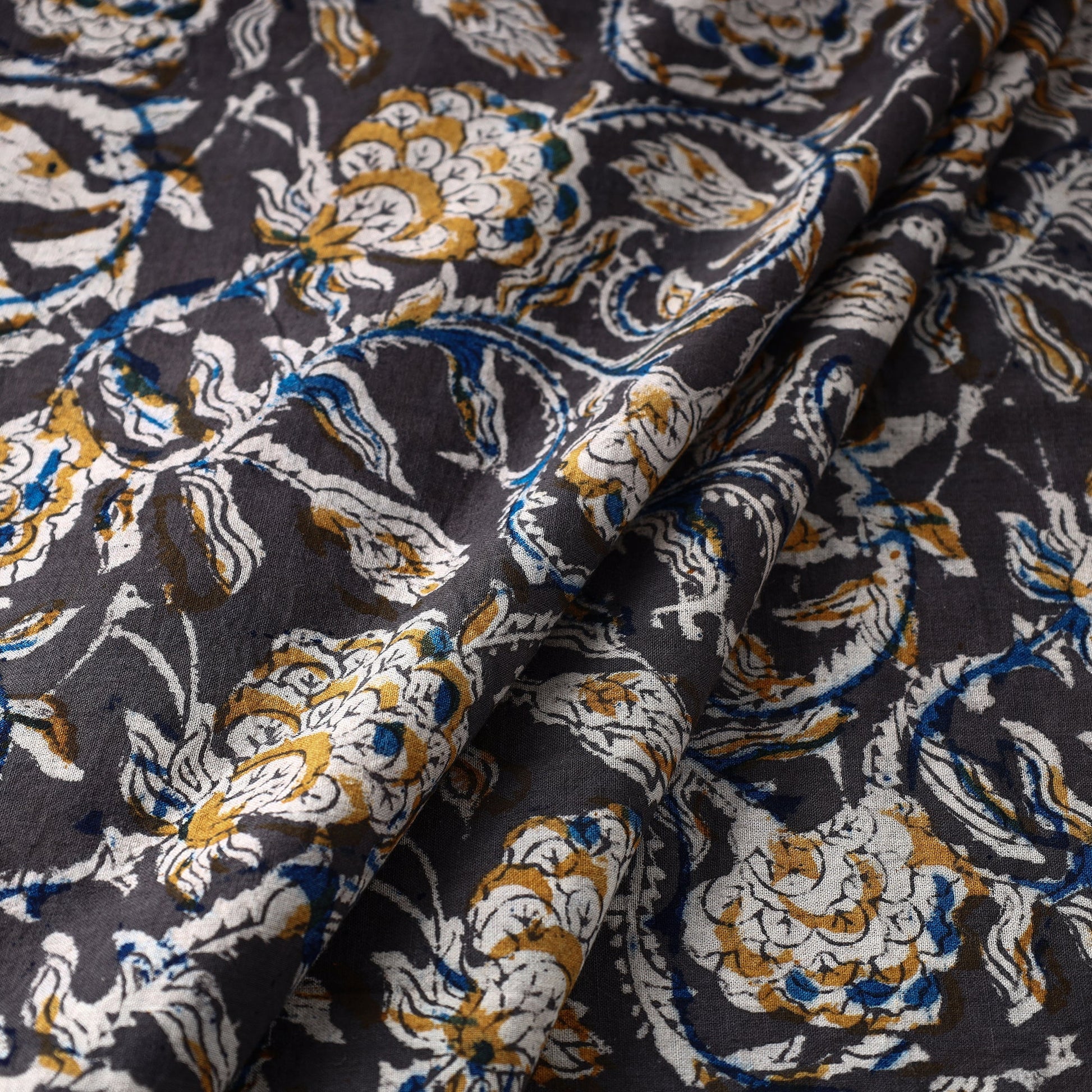 Black - Kalamkari Block Printed Cotton Fabric 01