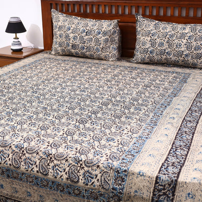 Beige - Kalamkari Block Printed Cotton Double Bed Cover with Pillow Covers (108 x 90 in)