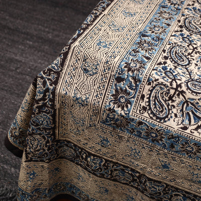 Beige - Kalamkari Block Printed Cotton Double Bed Cover with Pillow Covers (108 x 90 in)