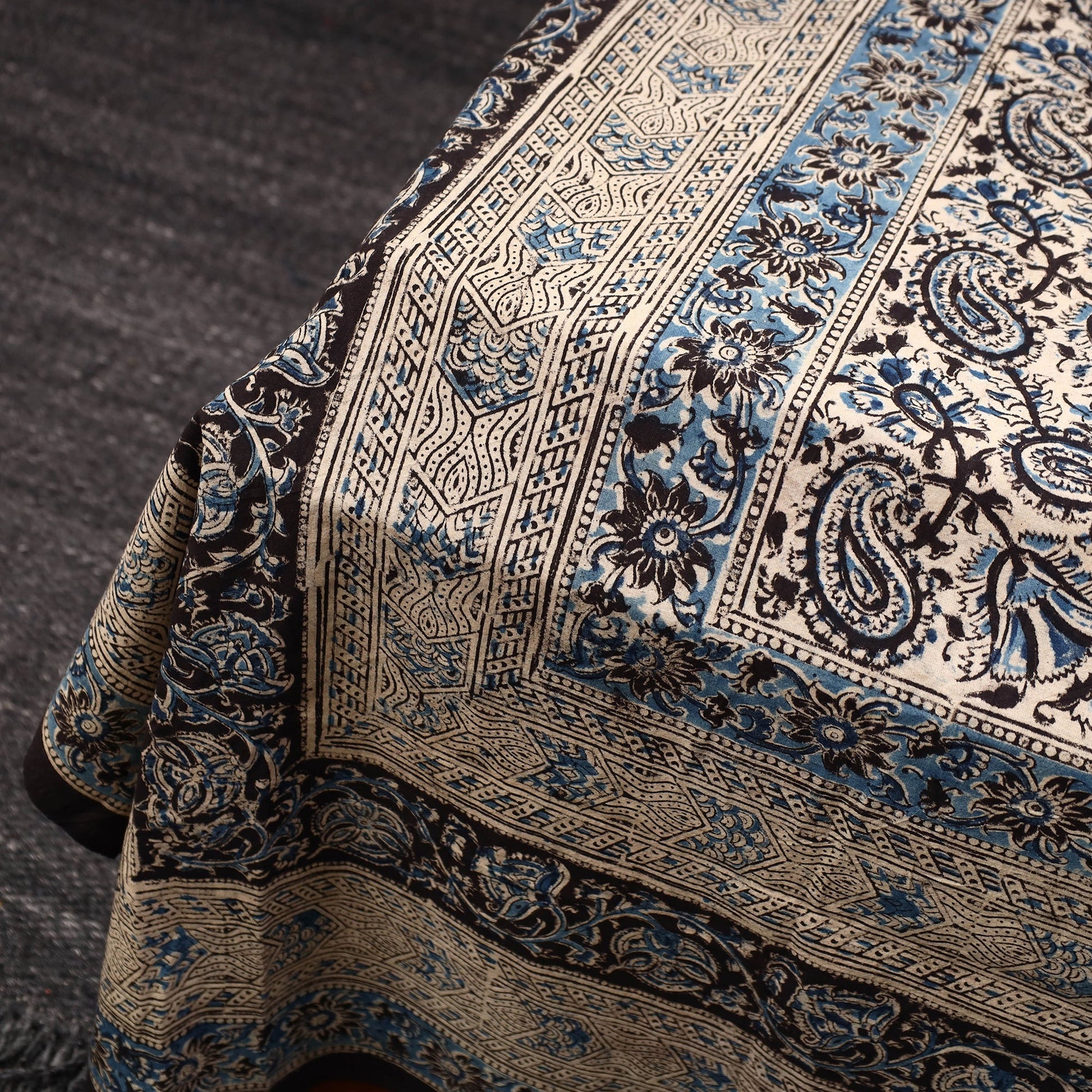 Beige - Kalamkari Block Printed Cotton Double Bed Cover with Pillow Covers (108 x 90 in)