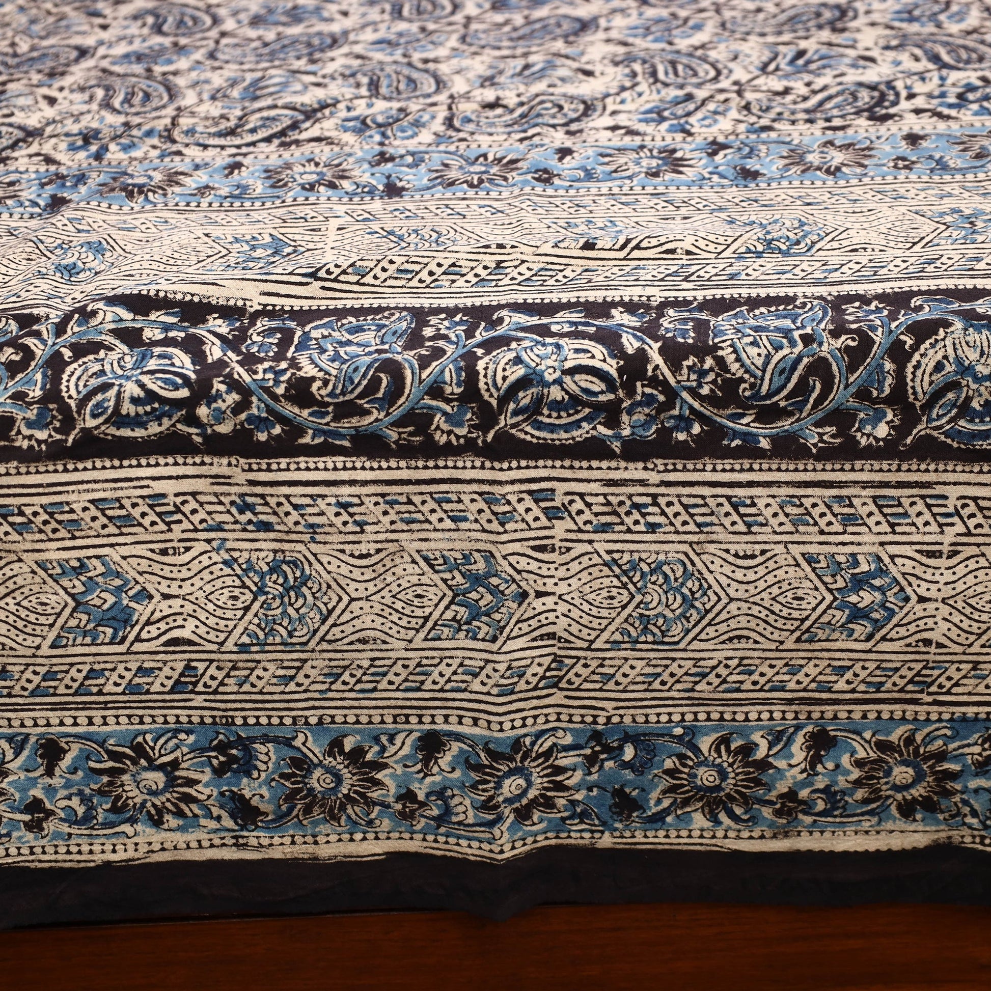 Beige - Kalamkari Block Printed Cotton Double Bed Cover with Pillow Covers (108 x 90 in)