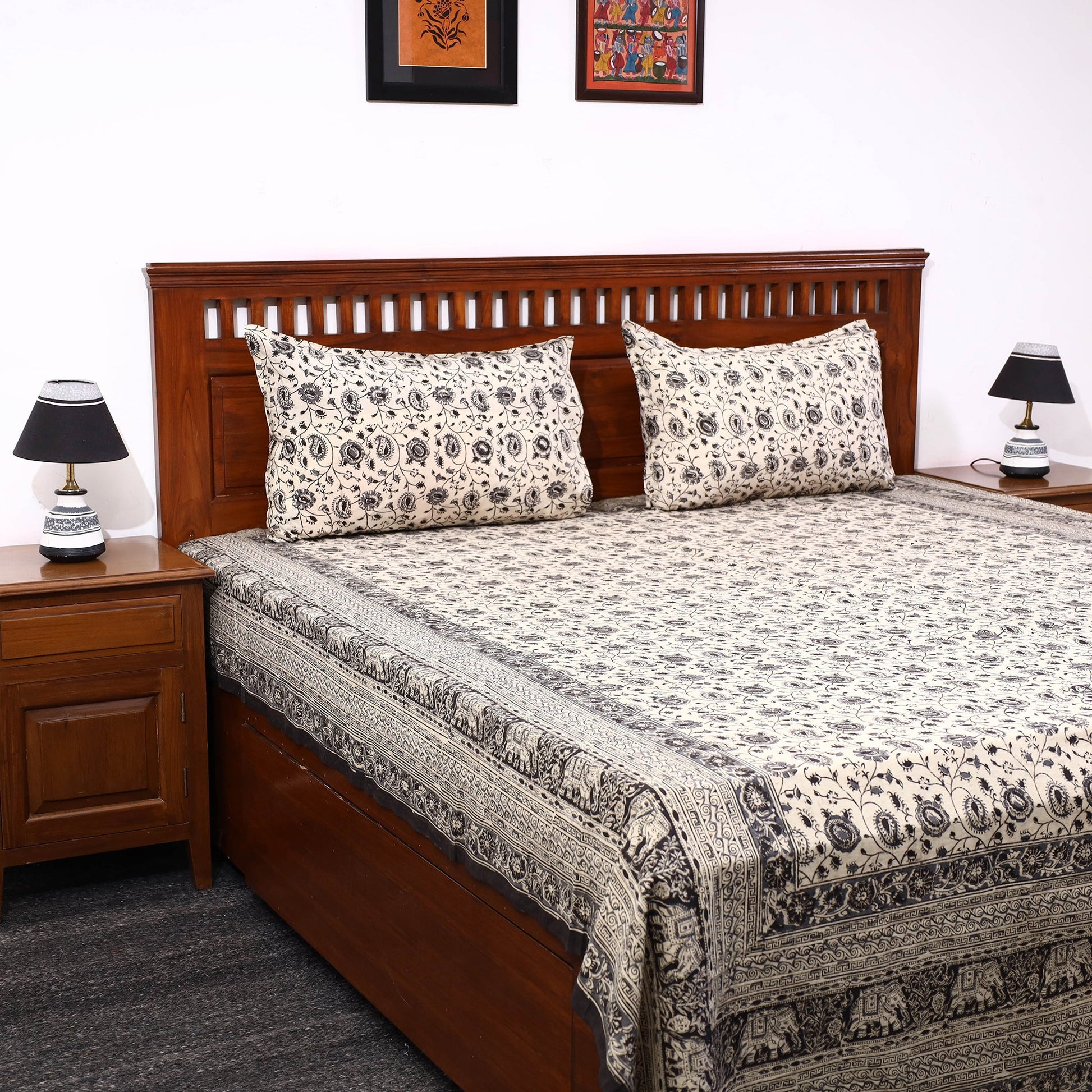 Beige - Kalamkari Block Printed Cotton Double Bed Cover with Pillow Covers (108 x 90 in)