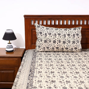 Beige - Kalamkari Block Printed Cotton Double Bed Cover with Pillow Covers (108 x 90 in)