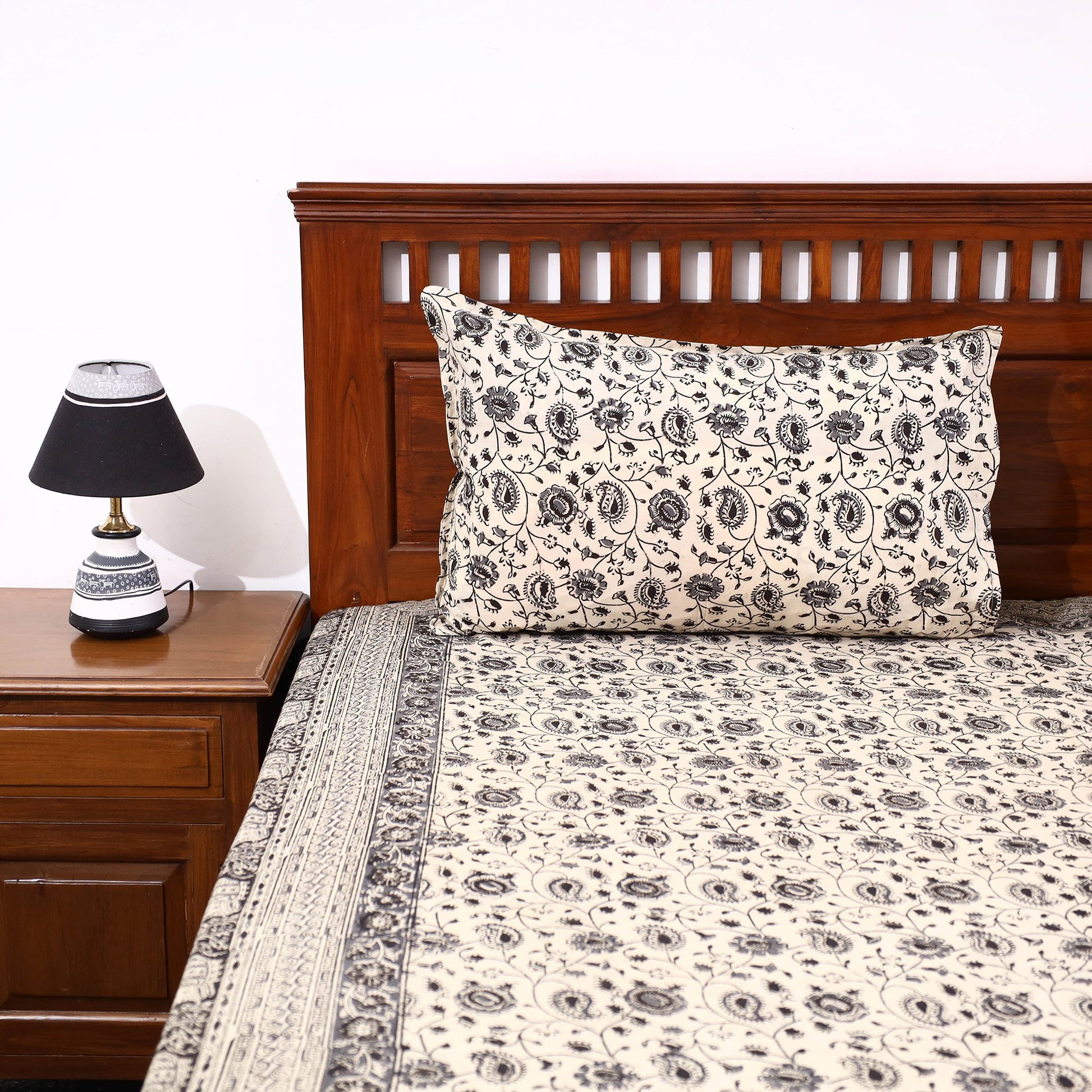 Beige - Kalamkari Block Printed Cotton Double Bed Cover with Pillow Covers (108 x 90 in)