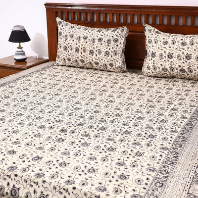 Beige - Kalamkari Block Printed Cotton Double Bed Cover with Pillow Covers (108 x 90 in)