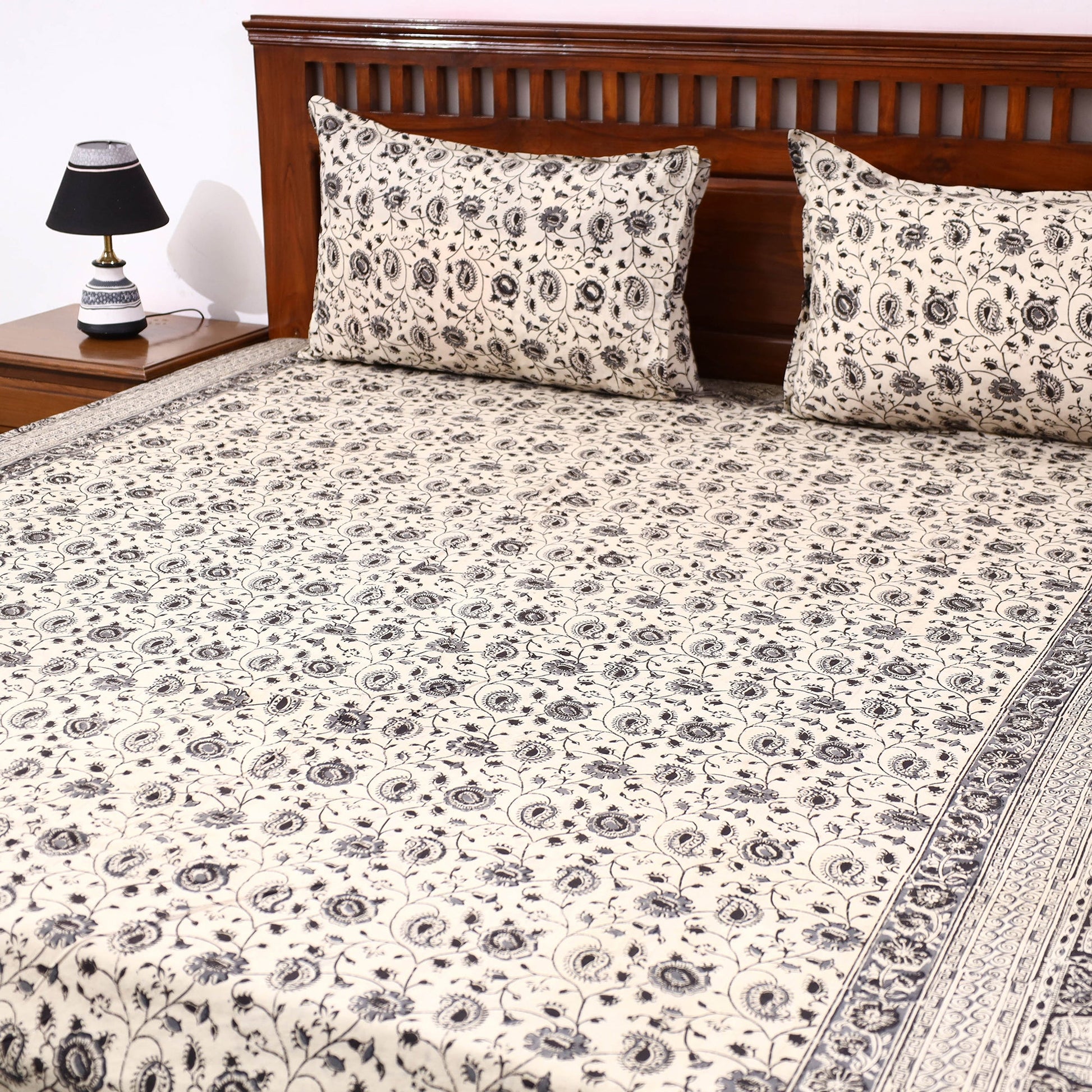 Beige - Kalamkari Block Printed Cotton Double Bed Cover with Pillow Covers (108 x 90 in)