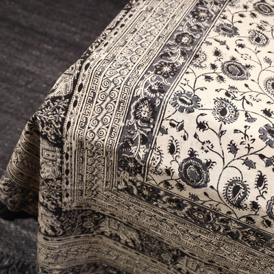 Beige - Kalamkari Block Printed Cotton Double Bed Cover with Pillow Covers (108 x 90 in)