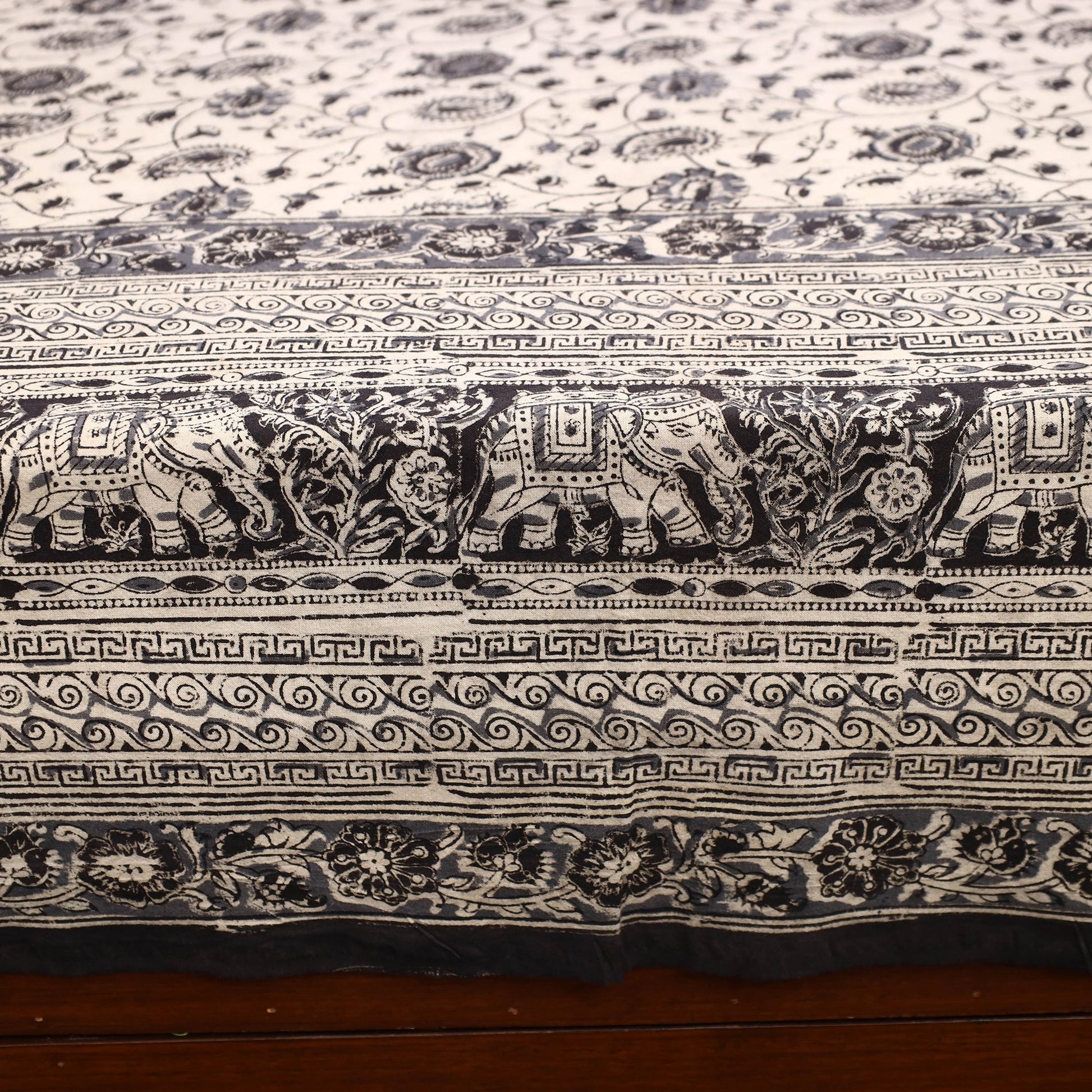 Beige - Kalamkari Block Printed Cotton Double Bed Cover with Pillow Covers (108 x 90 in)