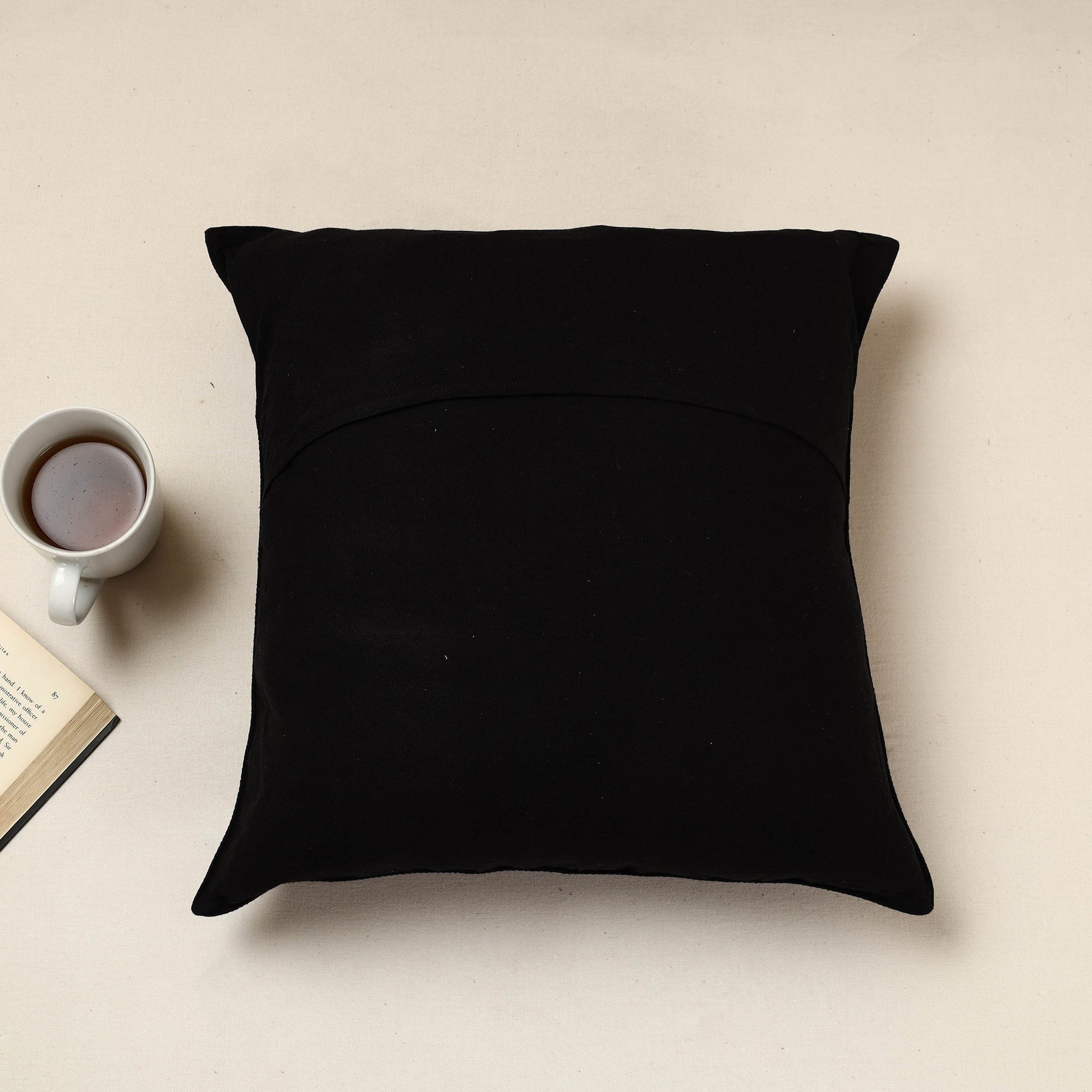 Black - Urmul Kashida Stitch Handloom Cotton Cushion Cover (16 x 16 in)