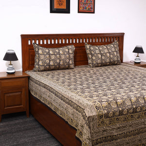 Brown - Kalamkari Block Printed Cotton Double Bed Cover with Pillow Covers (108 x 90 in)