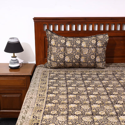Brown - Kalamkari Block Printed Cotton Double Bed Cover with Pillow Covers (108 x 90 in)
