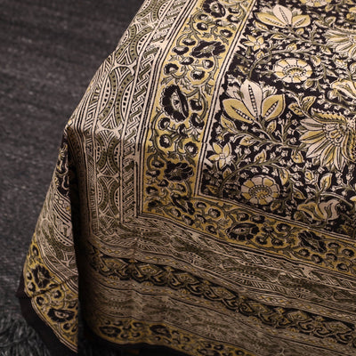 Brown - Kalamkari Block Printed Cotton Double Bed Cover with Pillow Covers (108 x 90 in)