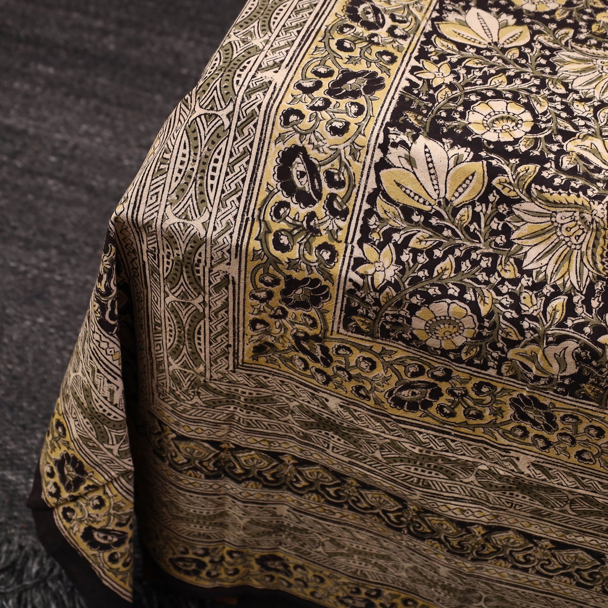 Brown - Kalamkari Block Printed Cotton Double Bed Cover with Pillow Covers (108 x 90 in)