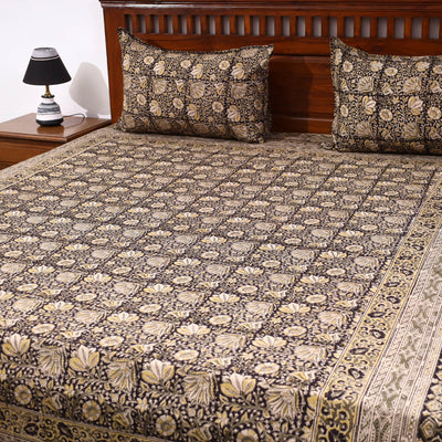 Brown - Kalamkari Block Printed Cotton Double Bed Cover with Pillow Covers (108 x 90 in)