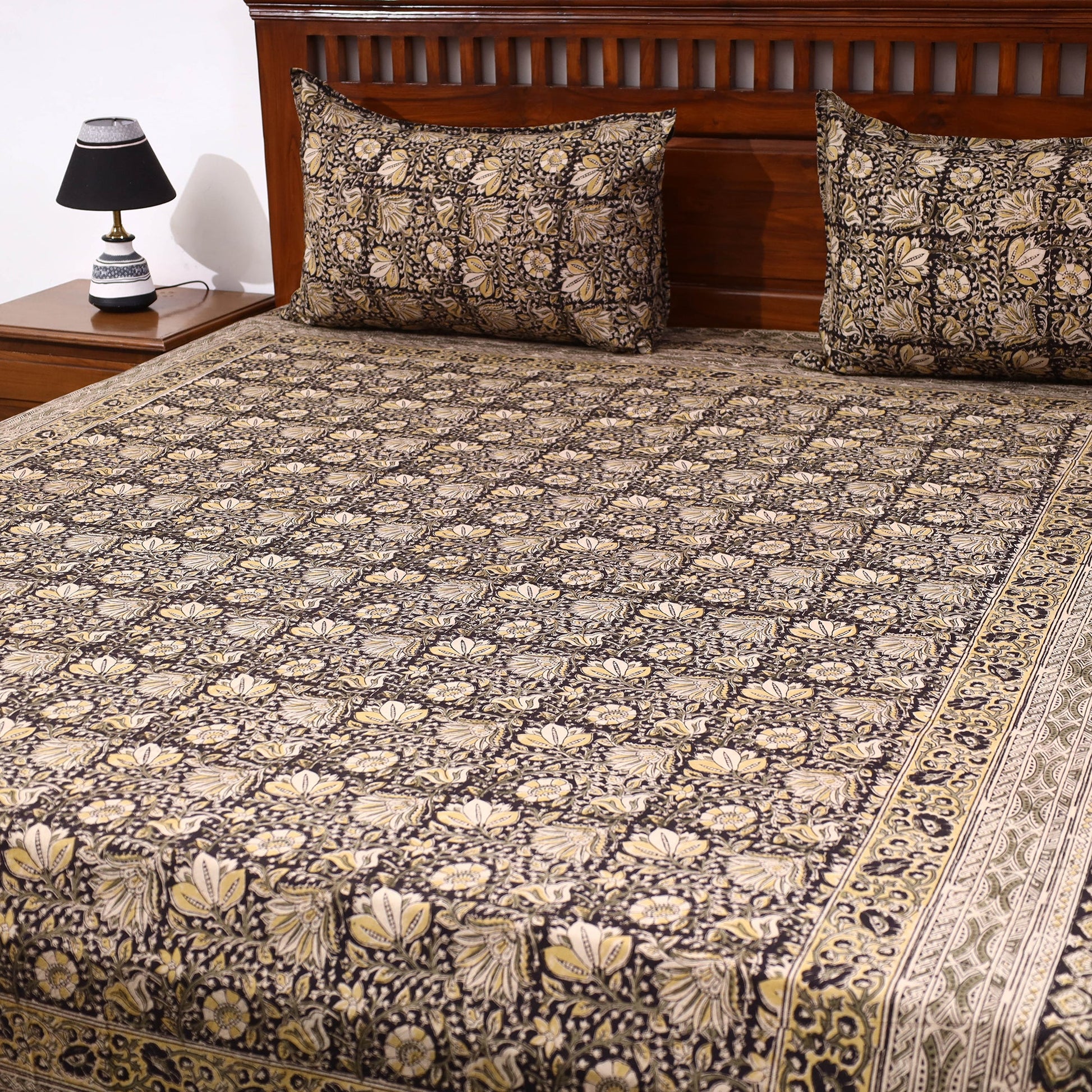Brown - Kalamkari Block Printed Cotton Double Bed Cover with Pillow Covers (108 x 90 in)