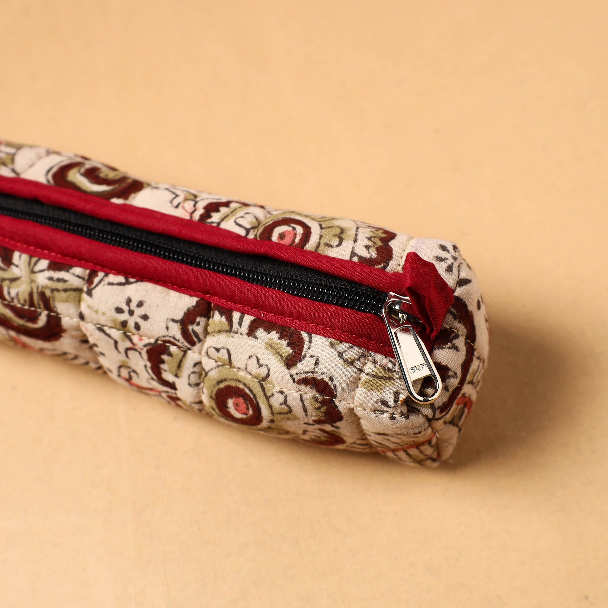 Beige - Handcrafted Quilted Cotton Pencil Pouch 02