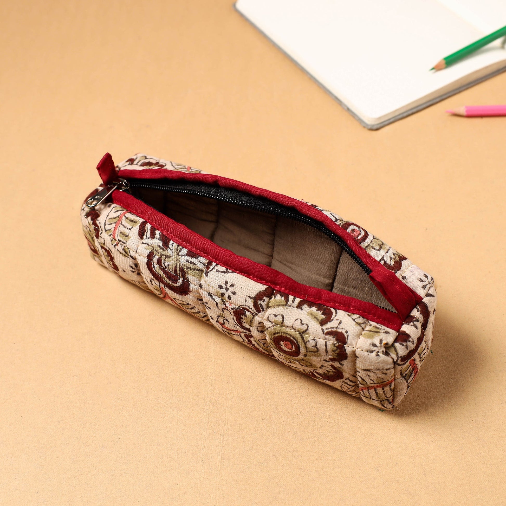 Beige - Handcrafted Quilted Cotton Pencil Pouch 02