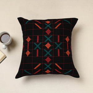 Black - Urmul Kashida Stitch Handloom Cotton Cushion Cover (16 x 16 in)