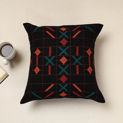 Black - Urmul Kashida Stitch Handloom Cotton Cushion Cover (16 x 16 in)