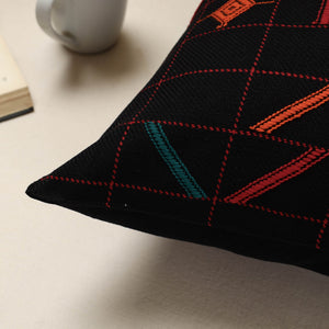 Black - Urmul Kashida Stitch Handloom Cotton Cushion Cover (16 x 16 in)