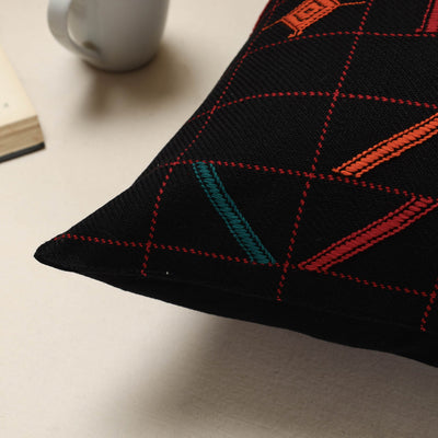 Black - Urmul Kashida Stitch Handloom Cotton Cushion Cover (16 x 16 in)