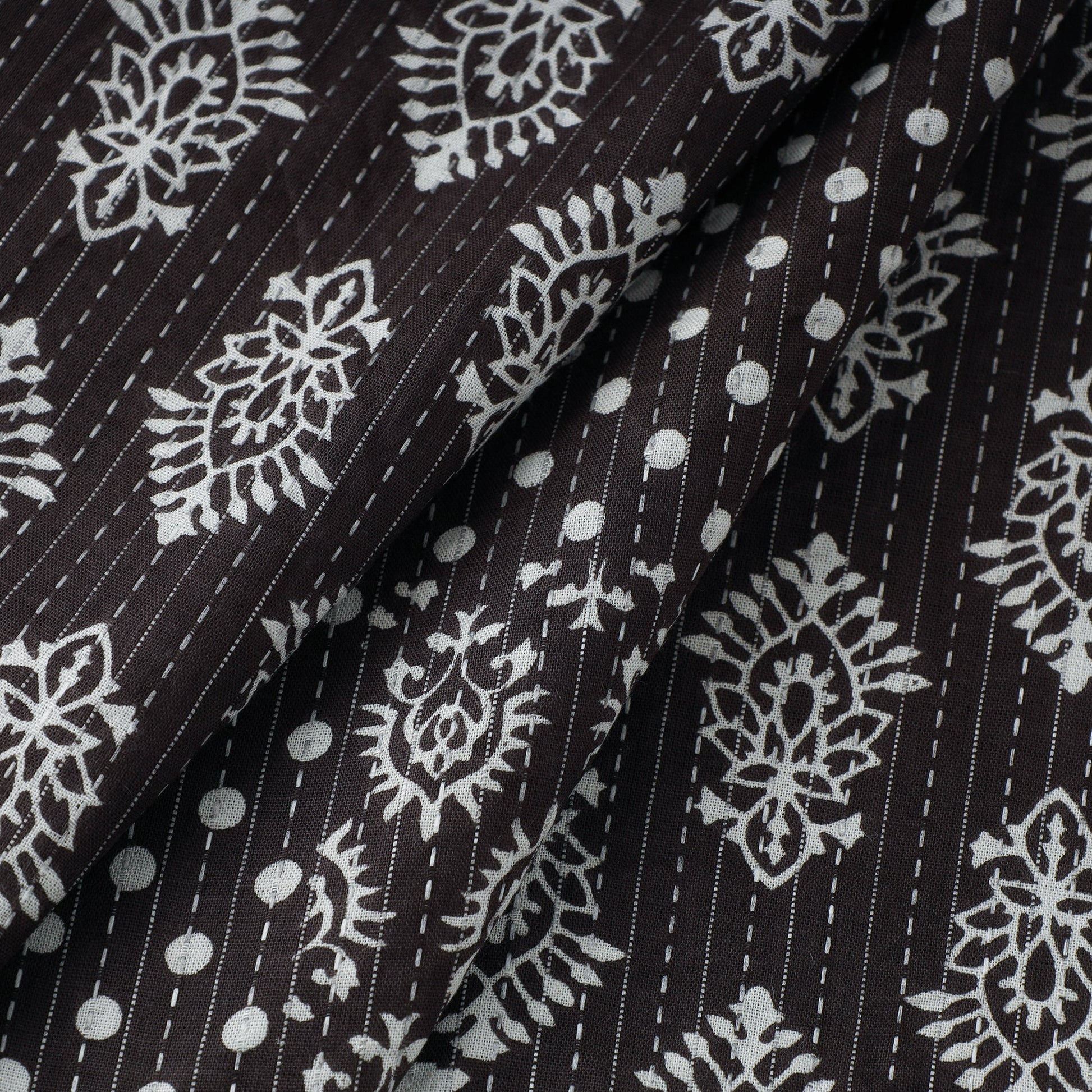 Black - Kantha Stitch Cotton Jaipur Print Fabric 07